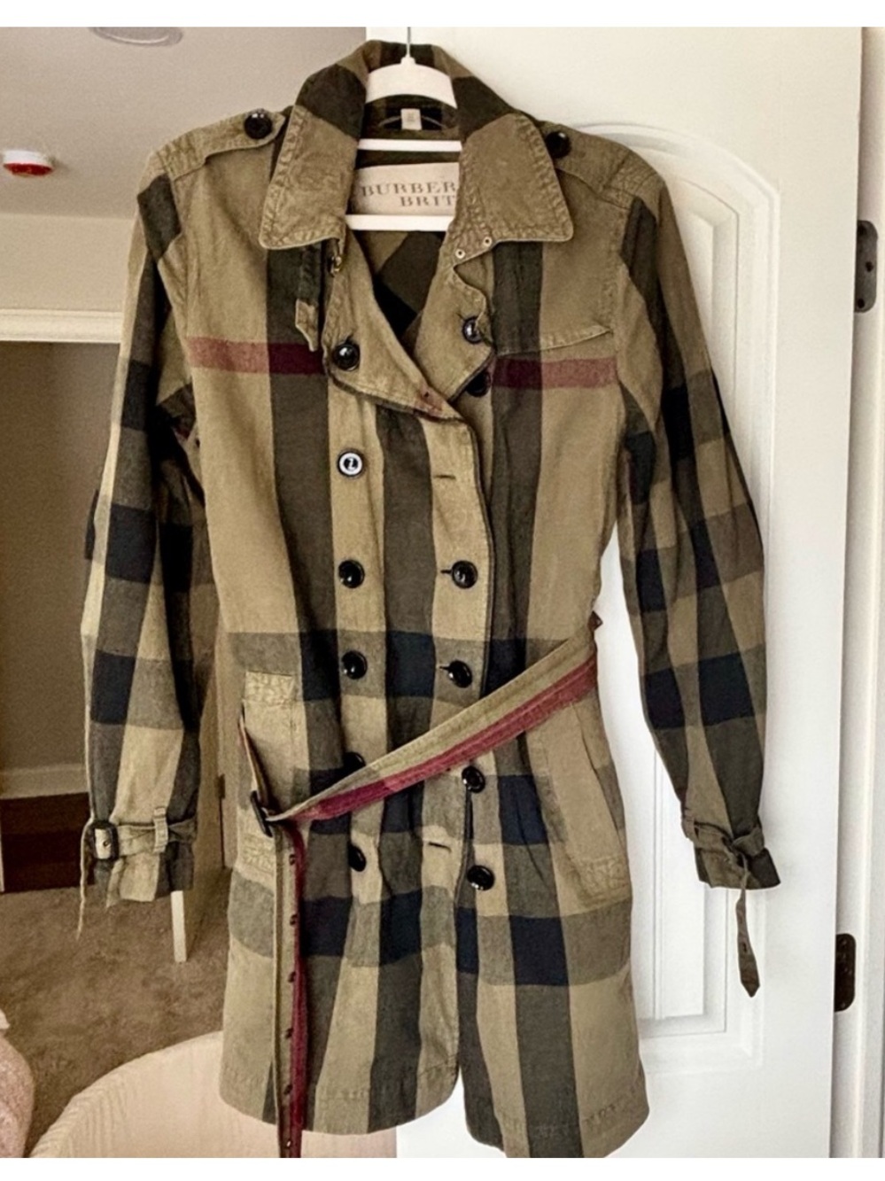 Burberry Olive and Black Check Trench Coat with Red Accent